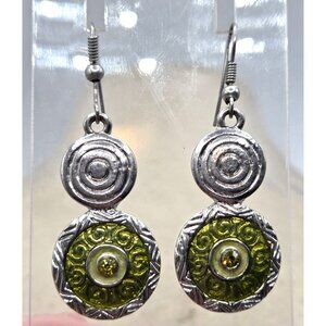 Handcrafted Silver & Green Dangle Earrings With Intricate Swirl Design & Yellow